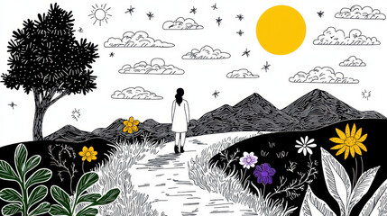 Serene landscape illustration featuring figure walking along winding path surrounded by mountains, flowers, and bright sun
