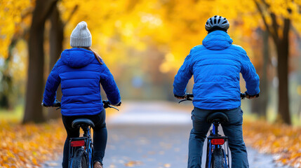 Two cyclists ride through picturesque autumn landscape, surrounded by vibrant yellow leaves, evoking sense of adventure and tranquility
