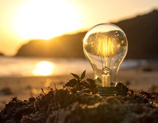 Sunset light bulb on beach