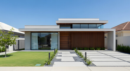 Fototapeta premium Modern Minimalist House Exterior Inspiration with White Facade and Wood Accents. Contemporary Residential Architecture with Green Lawn.