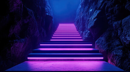 Staircase illuminated with vibrant purple lights leads upward through rocky passage, creating mystical and enchanting atmosphere