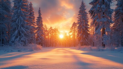 Winter sunset in snow-covered forest
