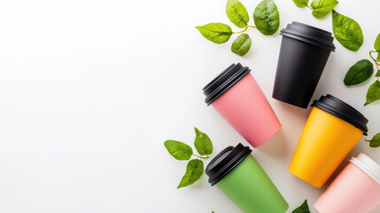 Colorful disposable cups arranged with green leaves create vibrant and fresh atmosphere, perfect for cafe or outdoor event