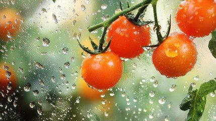 Fresh tomatoes on vine with raindrops on glass, showcasing vibrant colors and natural beauty. perfect representation of nature bounty
