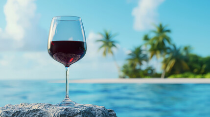 Glass of red wine on rock by ocean, with tropical island and palm trees in background, evokes relaxation and tranquility