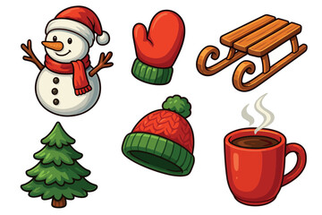 Various winter holiday items including a snowman, mitten, sled, Christmas tree, warm hat, and steaming hot mug, all depicted in a charming cartoon style.