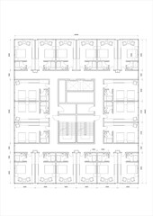 Top-down 2D architectural floor plan for a typical upper floor of a hotel, showing numerous guest rooms arranged around a central core.Related to hotel room planning, multi-unit hospitality design