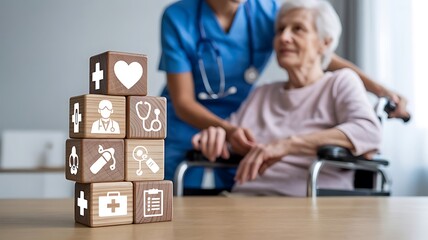  Home health aid and elderly woman symbolize comprehensive medical planning and care.