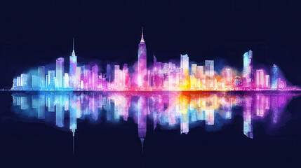 Vibrant city skyline at night, featuring colorful lights reflecting on water, creating stunning visual effect