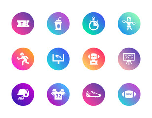 American football, sport, game. Vector set of 12 round gradient icons featuring players, gear, strategy, and fan elements for sports apps, UI, and football-themed design.