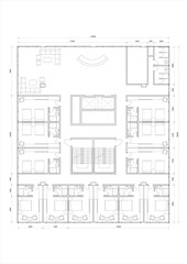 Top-down 2D architectural floor plan for the ground or main floor of a hotel, showing guest rooms, a large lobby, and a central core. Related to hotel ground floor functional layout, commercial lobby