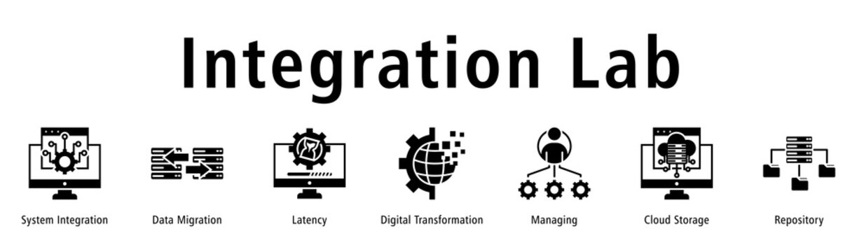Integration Lab web banner icon vector illustration with icons of System Integration, Data Migration, Latency, Digital Transformation, Managing, Cloud Storage and Repository.