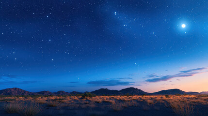 Naklejka premium Serene desert night sky filled with stars, showcasing gradient of blue and orange hues as sun sets behind distant mountains