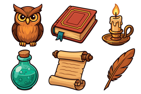Fantasy magic wisdom knowledge items collection featuring a wise owl, ancient book, glowing candle, mysterious potion, old scroll, and a writing quill.