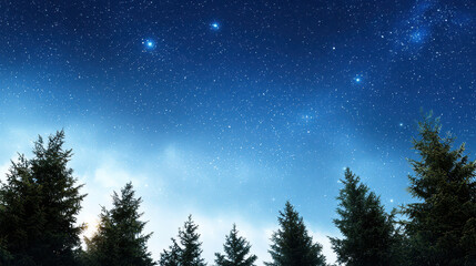 Serene night sky filled with stars above silhouette of evergreen trees creates tranquil atmosphere. deep blue hues blend beautifully