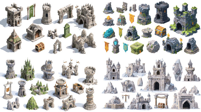 Set of fantasy castle towers, ruins, gates, and mystical buildings for game design and world building. Detailed elements ideal for RPG maps and adventure environments.