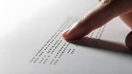 Close-up of person reading Braille text on white paper with fingertip