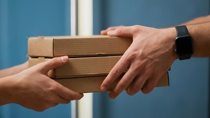 Close-up of hands exchanging stacked pizza boxes during a convenient food delivery service transaction