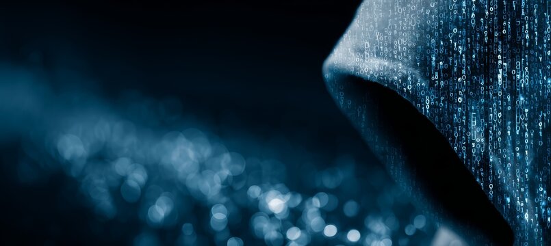 Hooded hacker criminal on dark cyberspace copy space background. Cyber internet security protection concept. Generative AI technology.	
