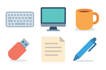 Everyday office and technology items collection in flat design style, showcasing essential tools for work, communication, and productivity.