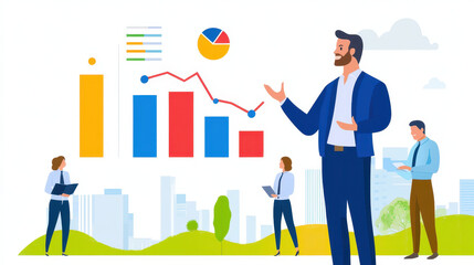 Business manager presenting data analysis with colorful graphs and charts, showcasing teamwork and strategy in modern city environment