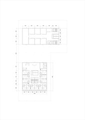 2D blueprint details the upper residential-hotel floors, featuring an L-shaped plan with a smaller upper wing. The main wing is fully partitioned into numerous guest rooms-units around a central core