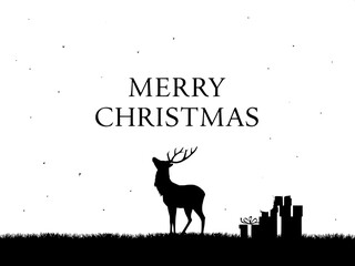 Fototapeta premium Black-and-white graphic Christmas scene. “MERRY CHRISTMAS” centered in elegant serif font, encircled by small stars and snowflakes. Below, a reindeer silhouette on grassy ground gazes upward. To the r