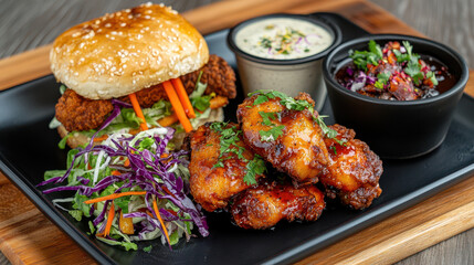 Mouthwatering fried chicken wings, sesame seed bun sandwich, and colorful side salads create delightful meal experience