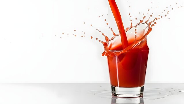 Fresh tomato juice pouring into glass creating red liquid splash on white background - Powered by Adobe