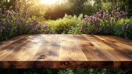 Fototapeta premium Wooden table top, garden backdrop