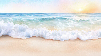 Serene watercolor depiction of ocean waves gently crashing on sandy beach at sunset, evoking sense of tranquility and peace