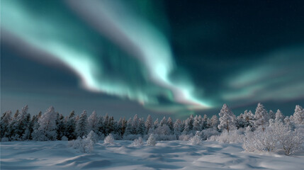 Scenic view of the Northern Lights over a snowy forest.