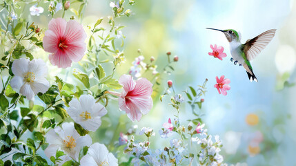 Naklejka premium Vibrant scene featuring hummingbird hovering among colorful flowers, showcasing beauty of nature and springtime. delicate petals and soft