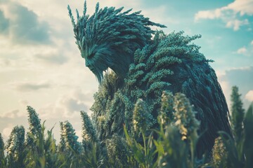 A mysterious nature spirit formed from blue-tinted plants and flowers stands tall in a field, its body blending with the surrounding vegetation against a cloudy sky