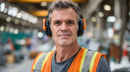 Faceless middle aged worker in safety vest and protective earmuffs, industrial setting professional, serious work expression, manufacturing environment, workplace safety equipment,