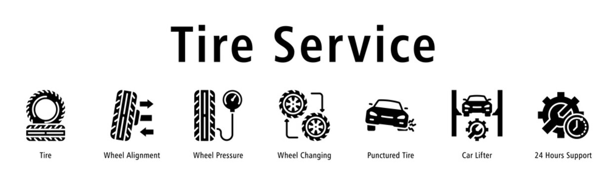 Tire Service web banner icon vector illustration with icons of Tire, Wheel Alignment, Wheel Pressure, Wheel Changing, Punctured Tire, Car Lifter and 24 Hours Support.