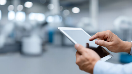 Faceless hands holding tablet on automation machine, smart industry control concept, manufacturing monitoring interface, production system observation, industrial technology operat