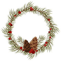 Pine Cone Christmas Wreath with Red Berries. Winter Holiday Decoration. Natural rustic style, isolated on white. Suitable for greeting cards, invitations, branding, packaging, stickers, scrapbooking