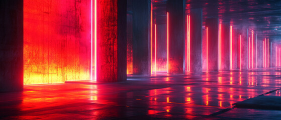 A futuristic corridor with bright neon lines and a wet floor would serve as a dynamic backdrop for science fiction and contemporary art installations.