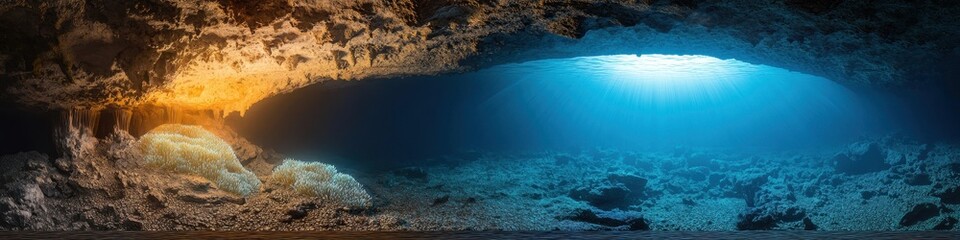 Obraz premium Underwater cave with glowing bioluminescent plants, mysterious atmosphere, 3D illustration