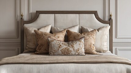 Elegant isolated bed with neutral tones and decorative pillows for e-commerce display 