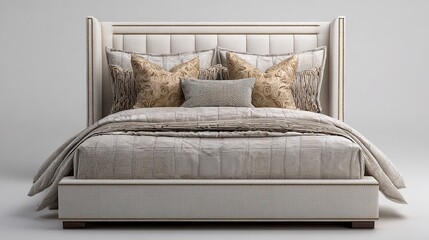 Elegant isolated bed with neutral tones and decorative pillows for e-commerce display 