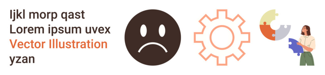 Problem-solving, human emotions, teamwork, productivity, innovation, collaboration. A sad face, gear symbol and puzzle pieces with a woman assembling parts. Problem-solving and teamwork