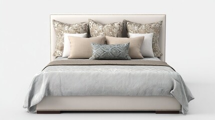 Elegant isolated bed with neutral tones and decorative pillows for e-commerce display  
