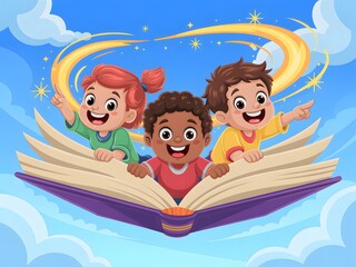 Children s imagination soars on a magical open book in the sky