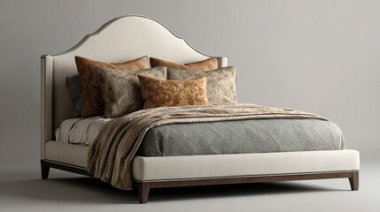Elegant isolated bed with neutral tones and decorative pillows for e-commerce display  