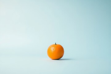 A single, bright orange stands out against a soft light blue background, creating a fresh and minimalist composition with ample copy space