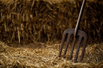 Close-up view of rusted pitchfork tines embedded in golden hay, highlighting the contrast between the aged metal and fresh straw in a farm setting