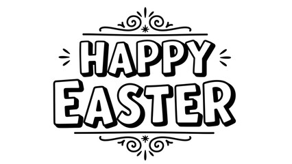 Happy easter hand lettered text with decorative flourishes and swirls on a white background