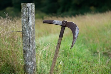 An old rusty scythe leans against a weathered wooden post in a grassy field, symbolizing traditional farming and rural life